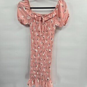 Active USA Peach Fitted Ruched Bodycon White Black Floral Midi Dress Medium